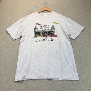 VTG Oneita PowerPro Mens T-Shirt Gray Graphic A Man's Garage Is His Castle XL